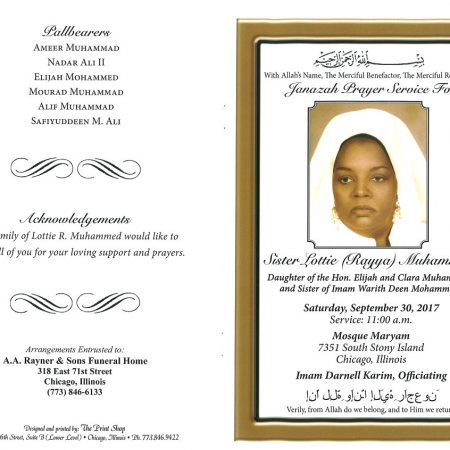 Sister Lottie Rayya Muhammed Obituary | AA Rayner and Sons Funeral Homes