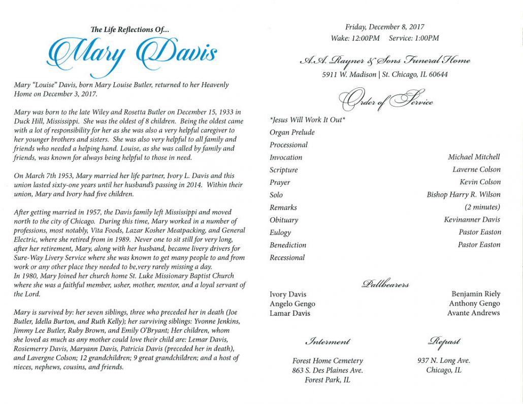 Mary Davis Obituary AA Rayner and sons funeral Home Chicago