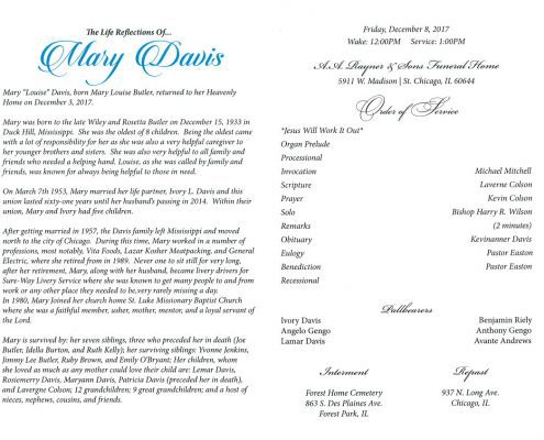 Mary Davis Obituary AA Rayner and sons funeral Home Chicago