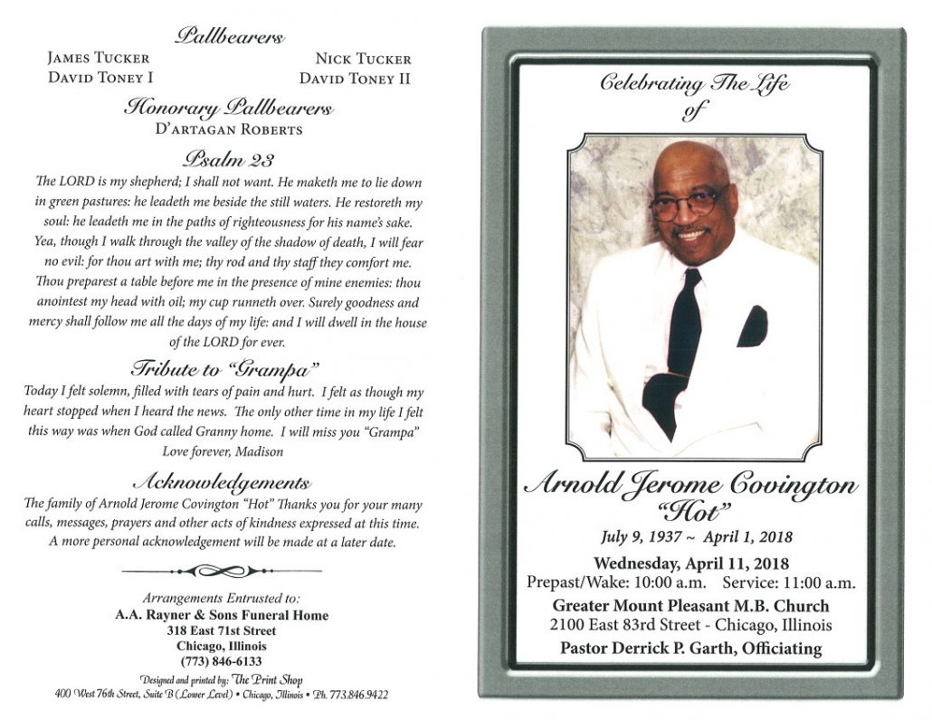 Arnold Jerome Covington Obituary AA rayner and Sons funeral Home
