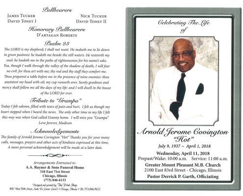 Arnold Jerome Covington Obituary AA rayner and Sons funeral Home