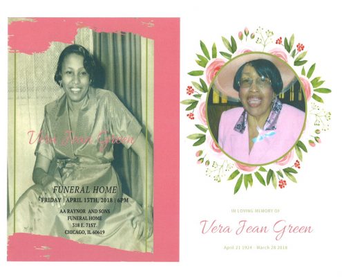 Vera Jean Green obituary AA rayner and sons funeral home chicago