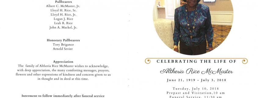 Altheria Rice McMaster Obituary AA Rayner and Sons Funeral Home