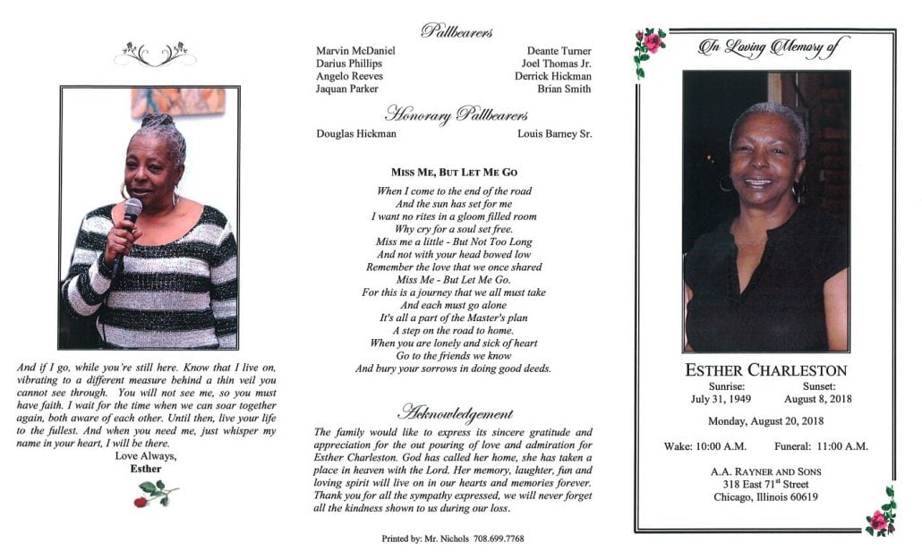 Esther Charleston Obituary AA Rayner and Sons Funeral Homes