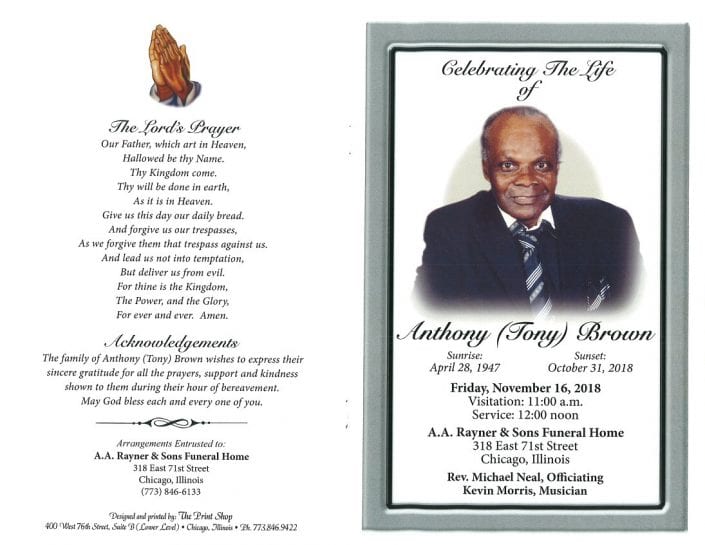 Anthony Tony Brown Obituary AA Rayner and Sons Funeral Homes