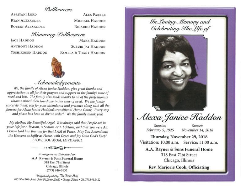 Alexa Janice Haddon Obituary | AA Rayner and Sons Funeral Homes