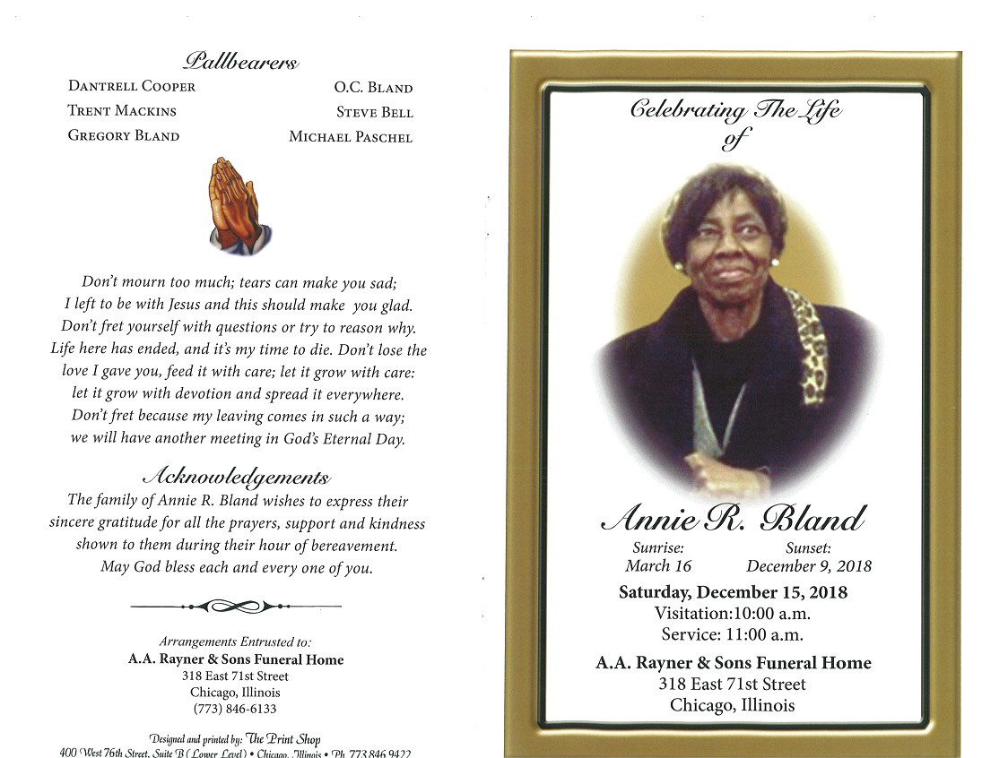 Annie R Bland Obituary AA Rayner and Sons Funeral Homes