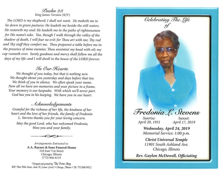 Fredonia L Stevens Obituary | AA Rayner and Sons Funeral Homes