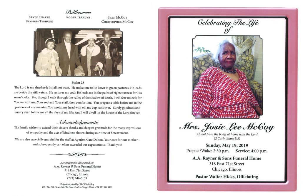 Mrs Josie Lee Mccoy Obituary