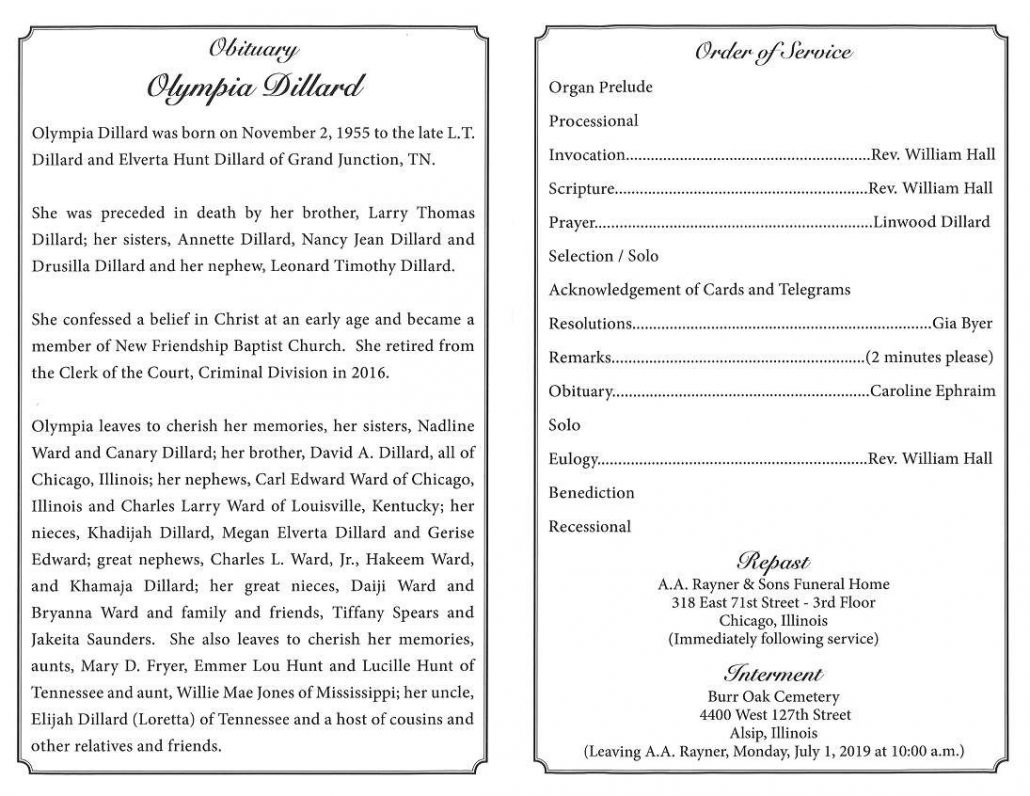 Olympia Dillard Obituary | AA Rayner And Sons Funeral Homes