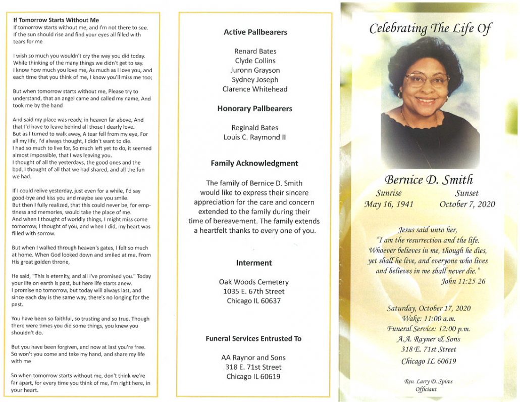 Bernice D Smith Obituary | AA Rayner and Sons Funeral Homes