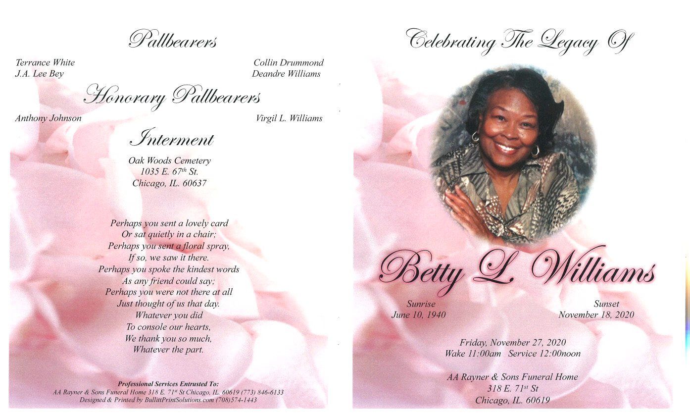 Betty L Williams Obituary | AA Rayner and Sons Funeral Homes