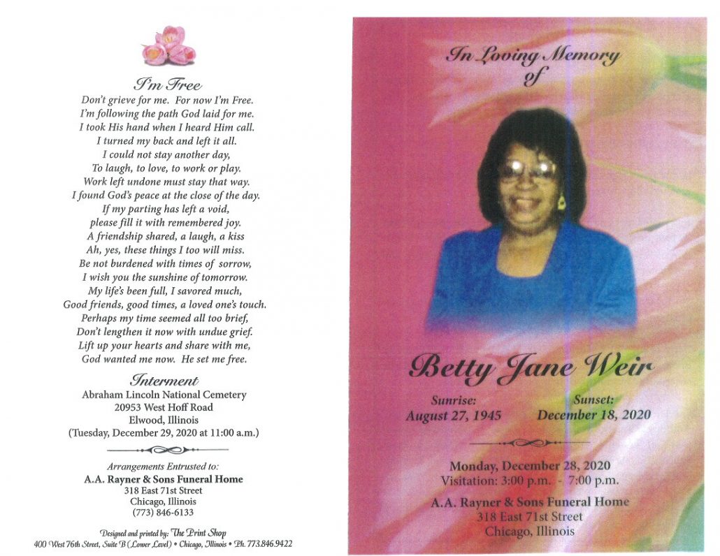 Betty Jane Weir Obituary