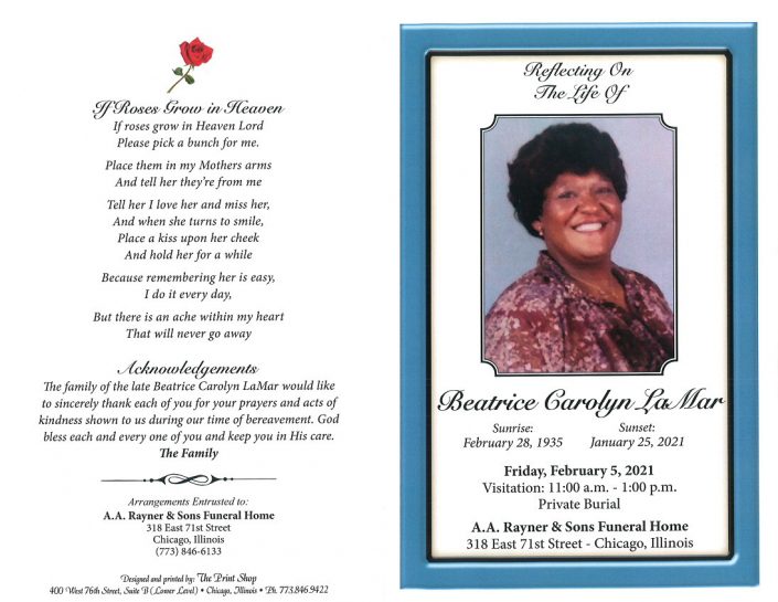 Beatrice C Lamar Obituary | AA Rayner and Sons Funeral Homes