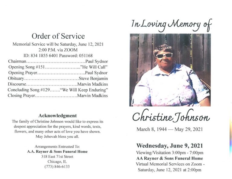 Christine Johnson Obituary AA Rayner and Sons Funeral Homes