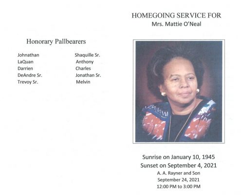 Mrs Mattie ONeal Obituary