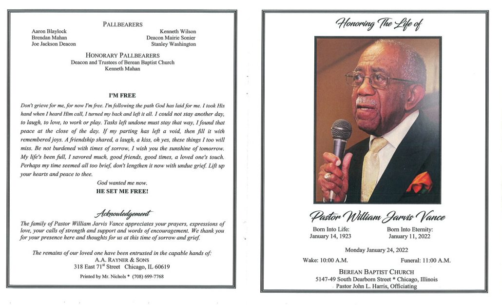 Pastor William J Vance Obituary