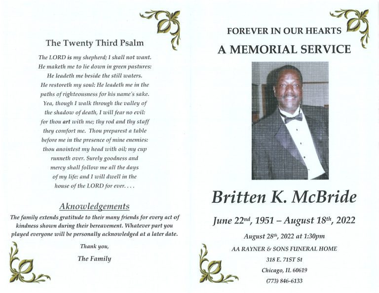 Britten K McBride Obituary AA Rayner and Sons Funeral Homes