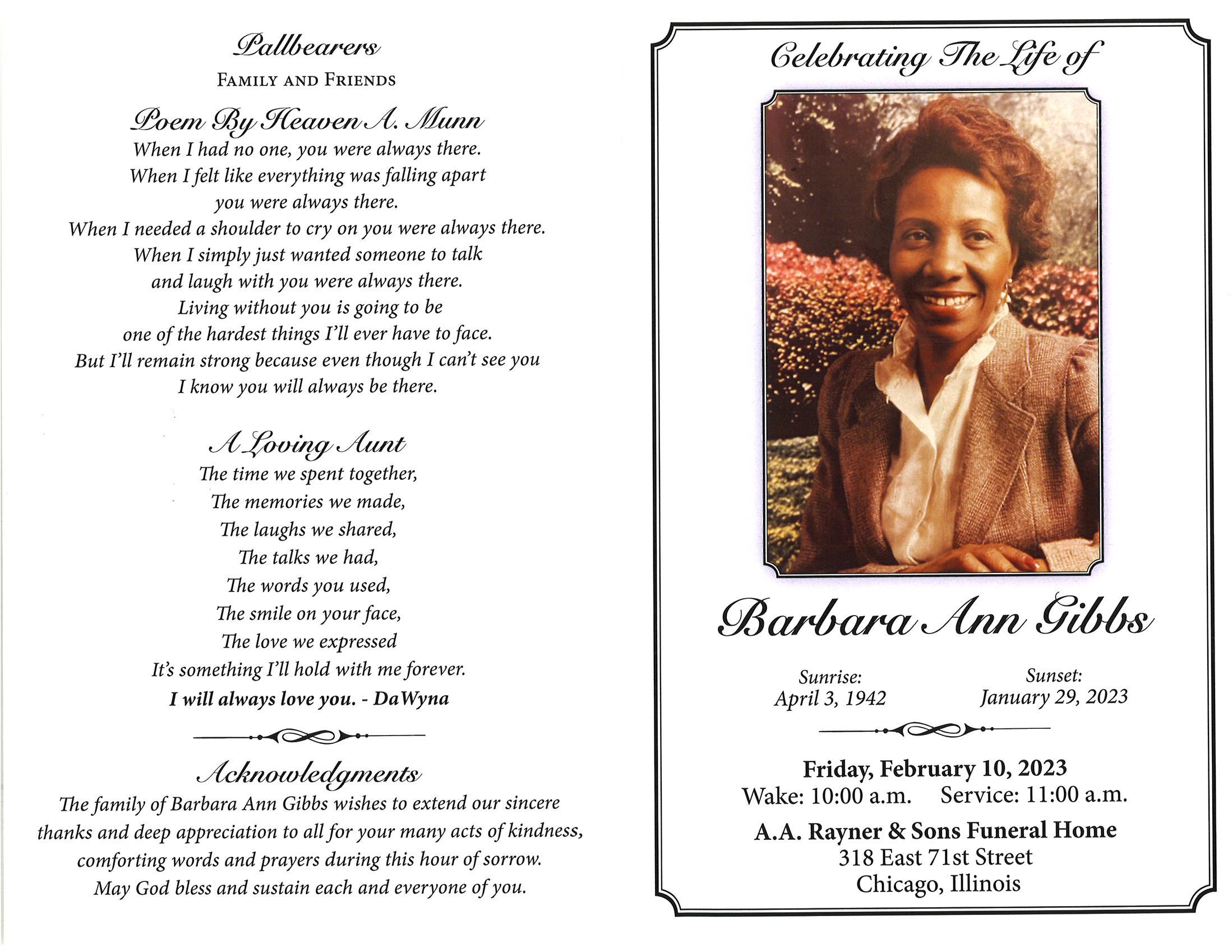 Barbara A Gibbs Obituary | AA Rayner and Sons Funeral Homes