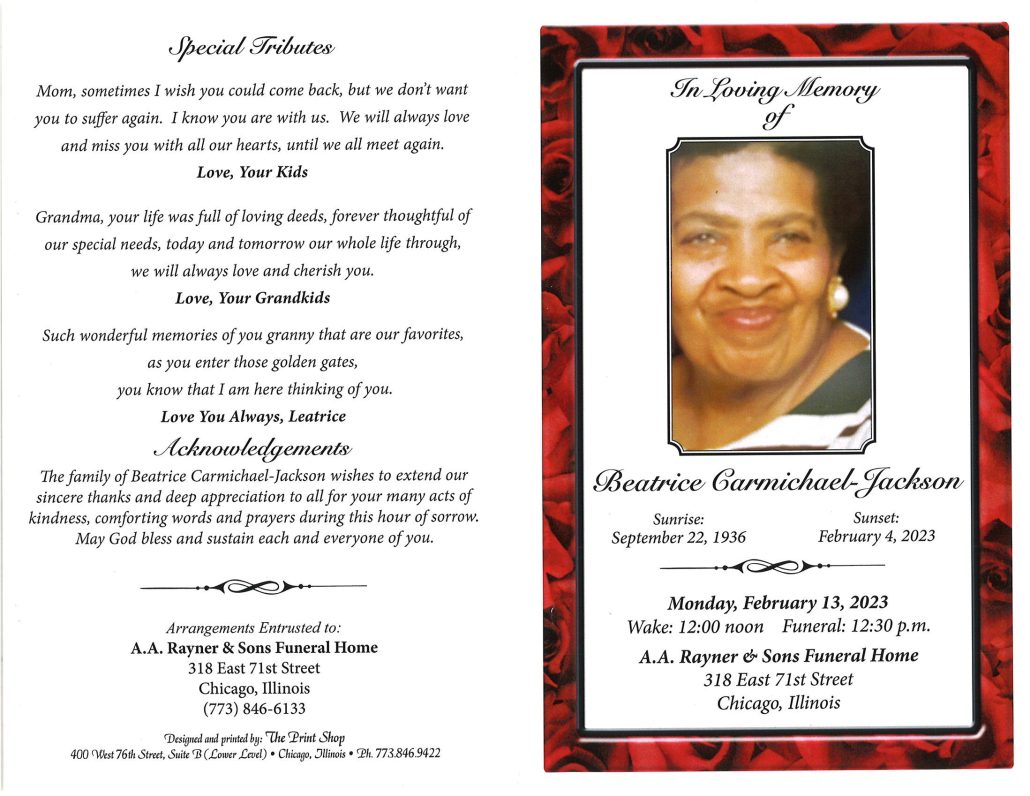 Beatrice Carmichael Jackson Obituary AA Rayner and Sons Funeral