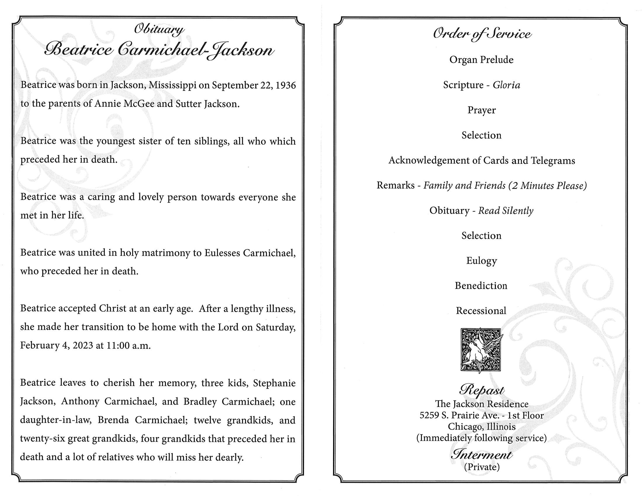 Beatrice Carmichael Jackson Obituary AA Rayner and Sons Funeral