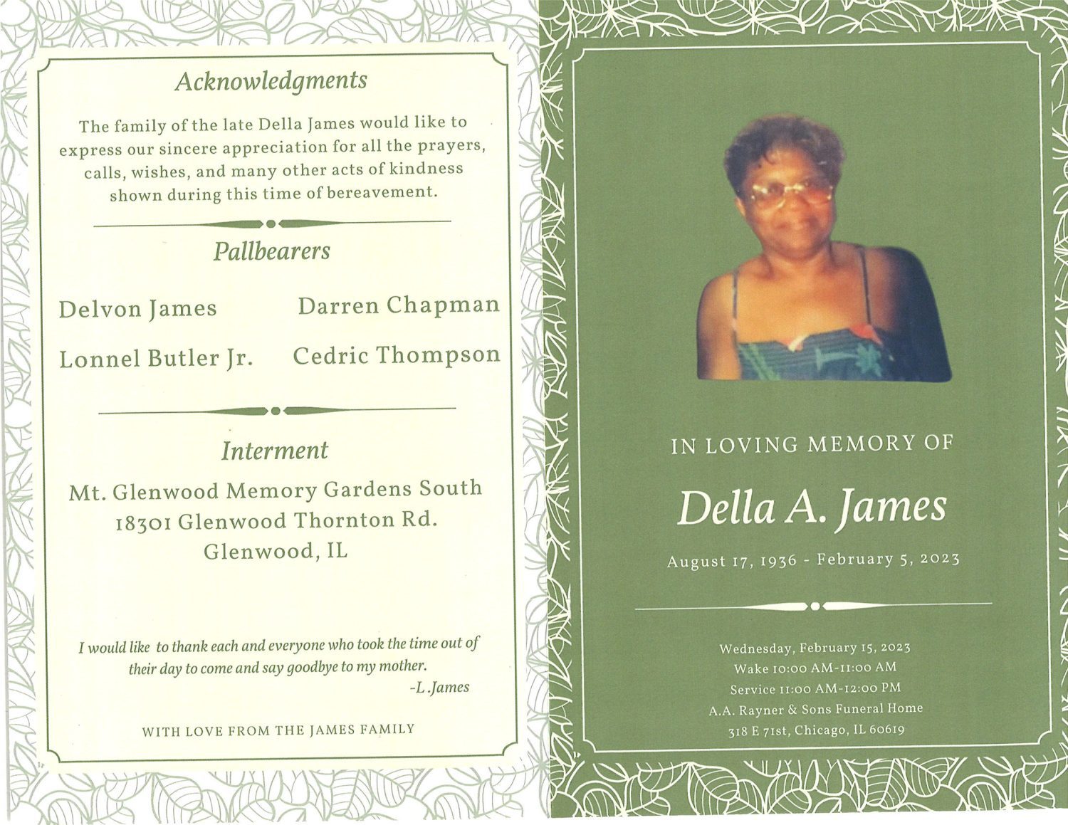 Della A James Obituary AA Rayner and Sons Funeral Homes