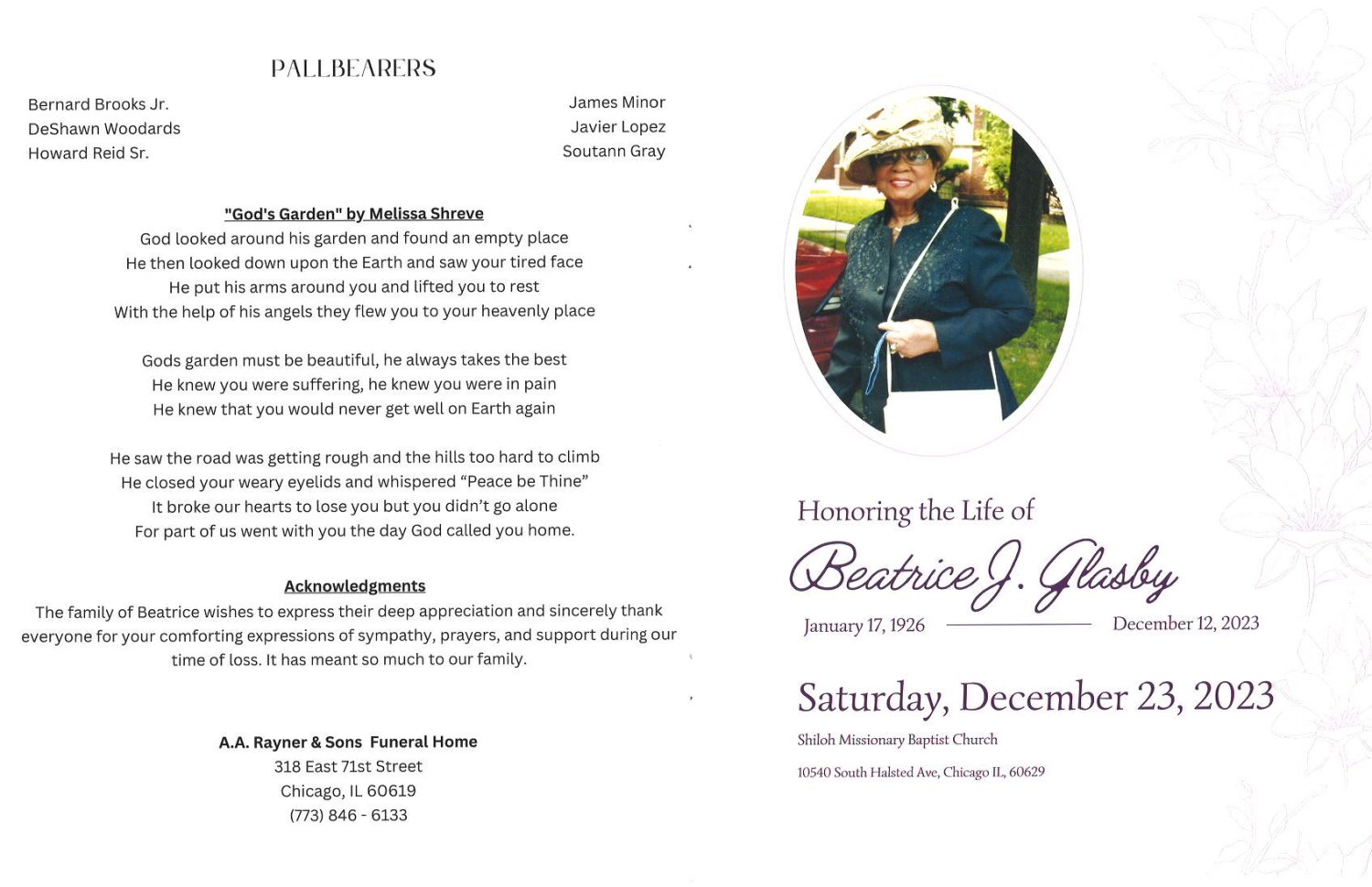 Beatrice J Glasby Obituary AA Rayner and Sons Funeral Homes