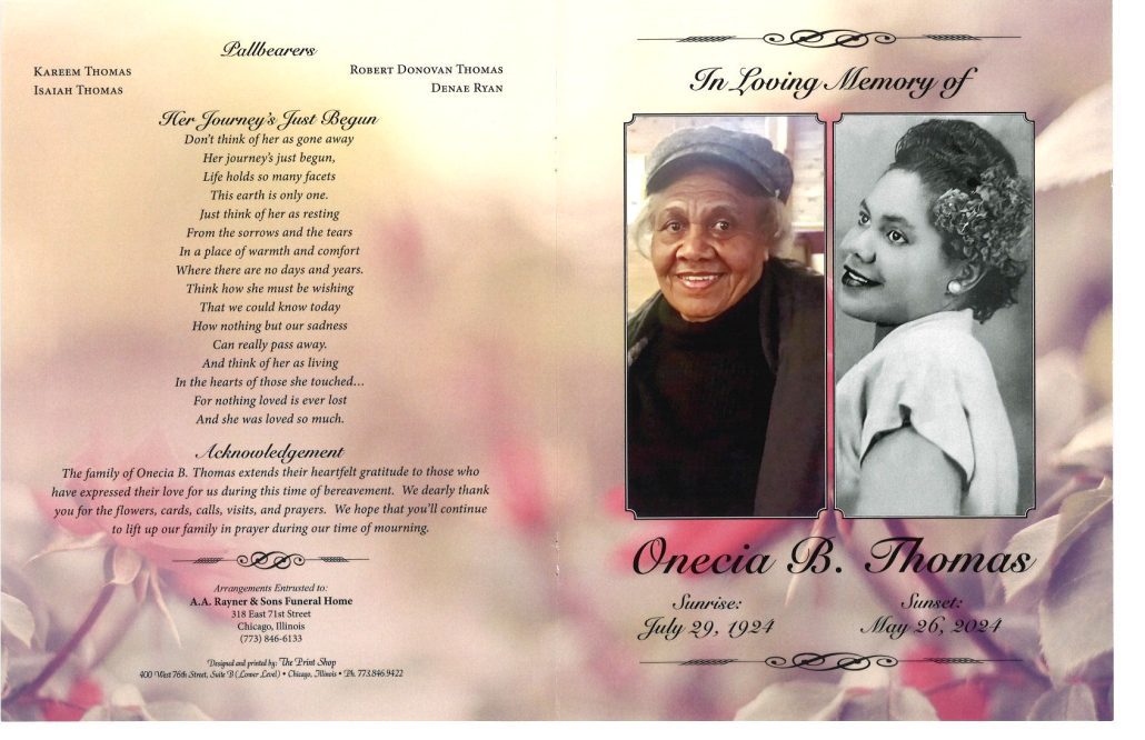 Onecia B Thomas Obituary
