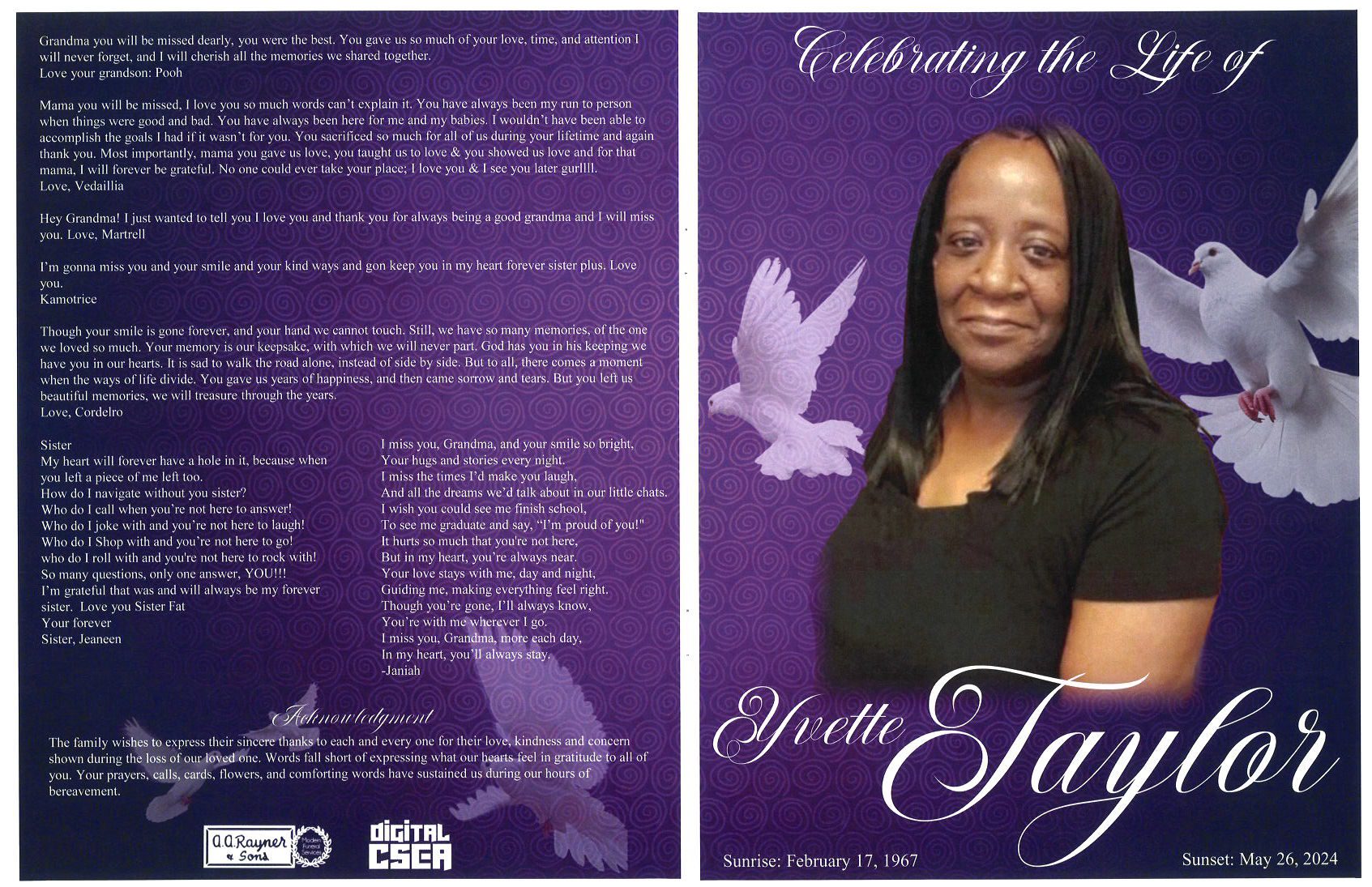 Yvette Taylor Obituary Aa Rayner And Sons Funeral Homes 